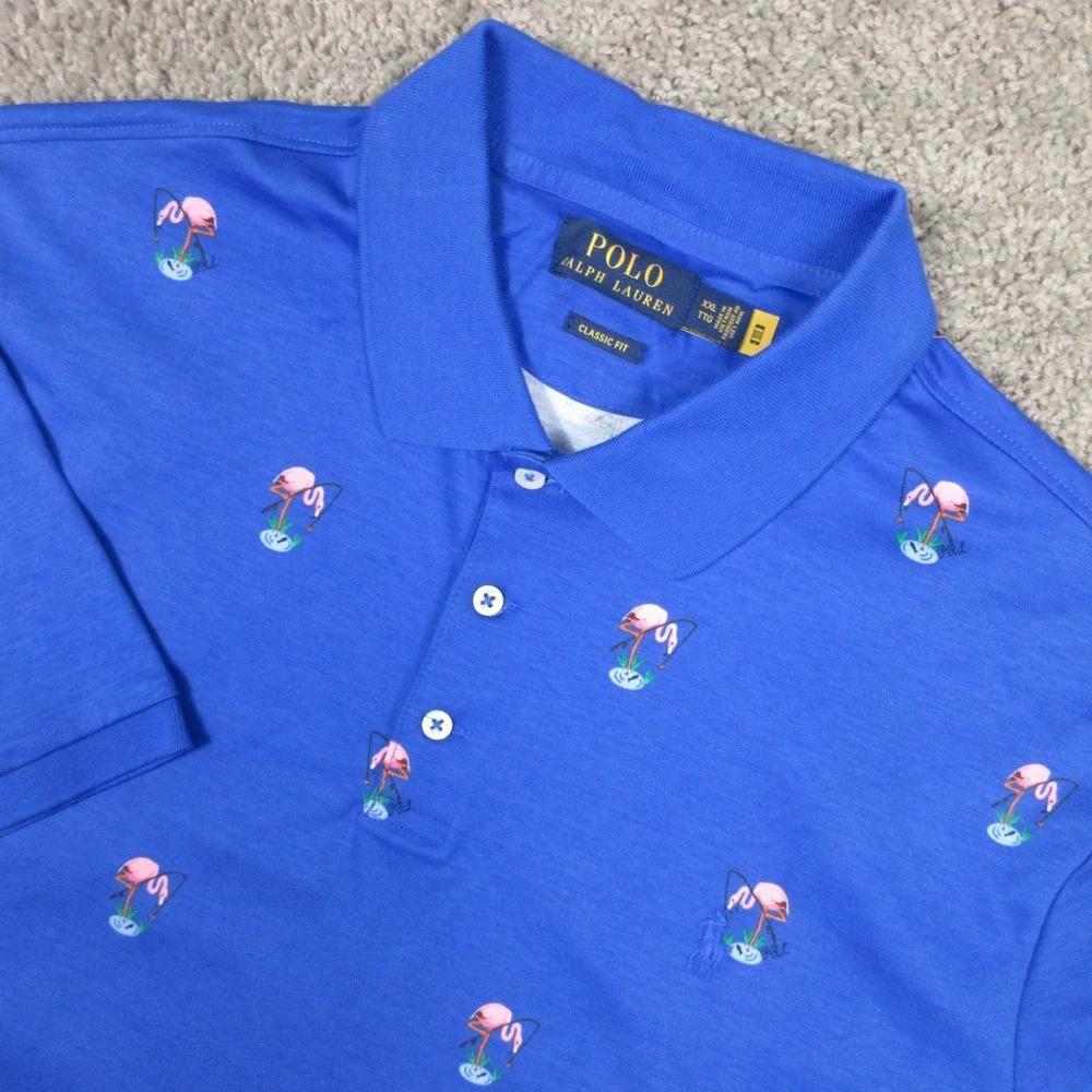 Polo Ralph Lauren Shirt Mens‎ 2XL Blue Geometric Flamingo Pony Logo Golf Classic